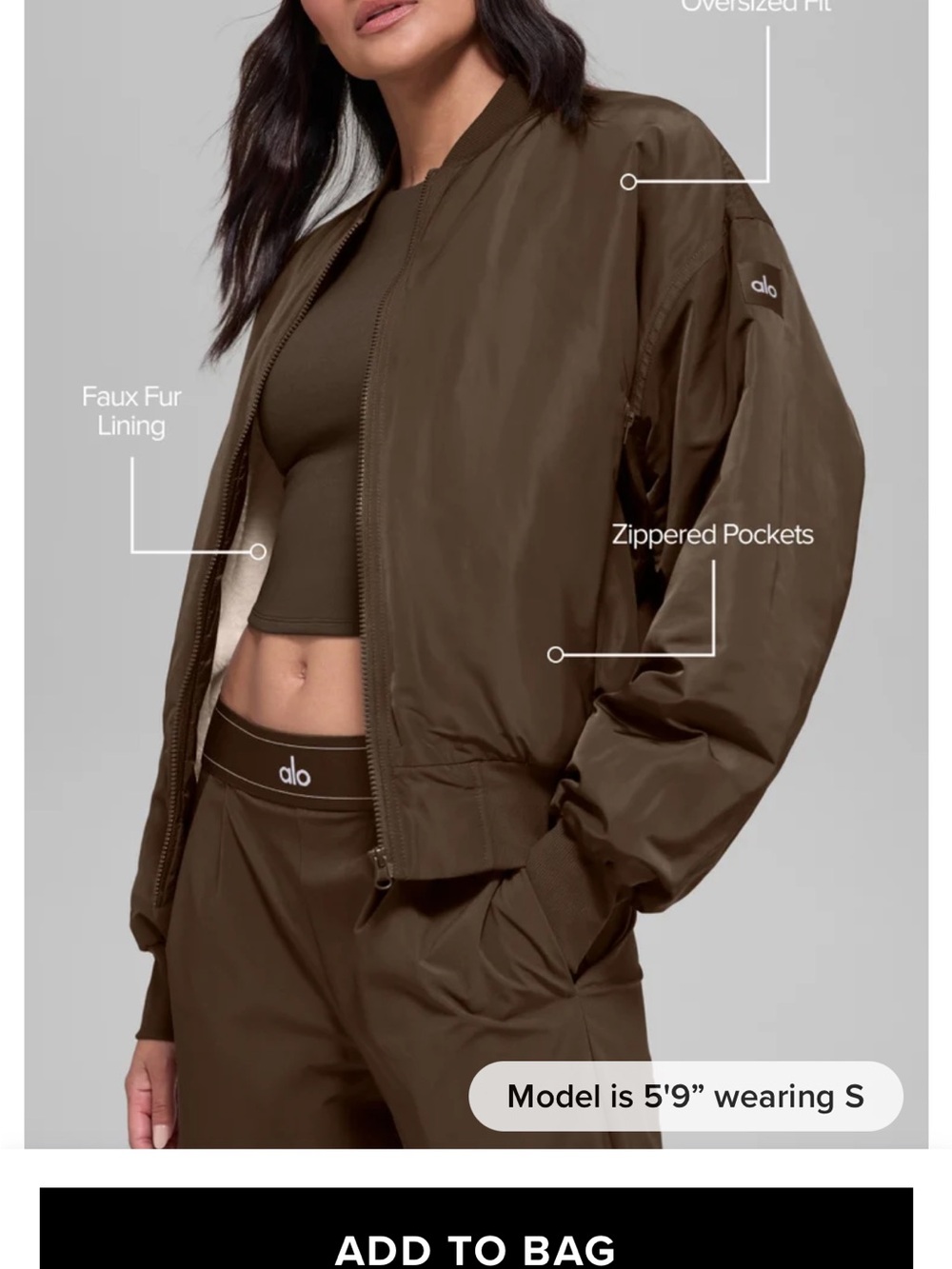Alo Faux Fur Lines Oversized Bomber Jacket in Espresso Brown